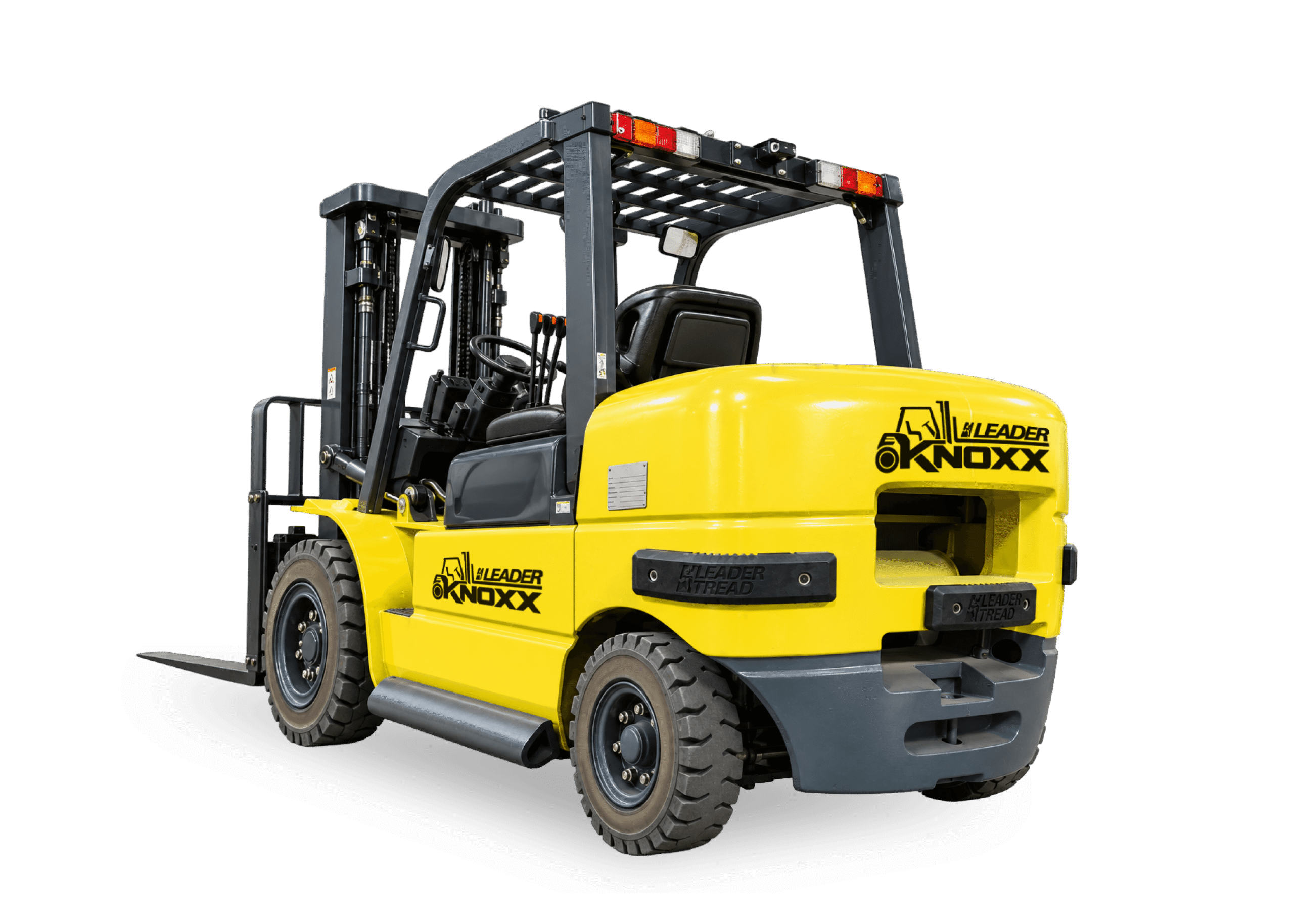 Yellow forklift fitted with two Leader Knoxx bumpers on the rear counterweight